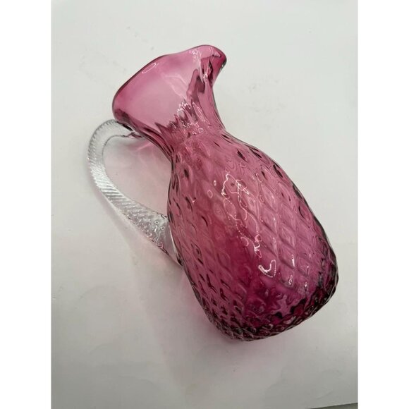 Rossi Art Glass Handblown Cranberry Optic Quilt Glass Pitcher w/ Applied Clear H - Picture 13 of 16